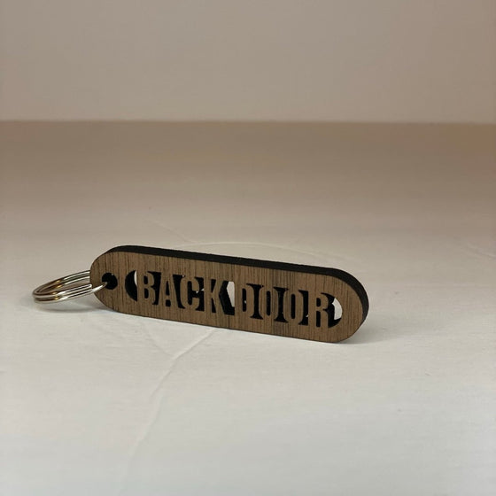 Walnut Wood Cut-Out Keychains Back Door - The Red Door Engraving Company Inc.