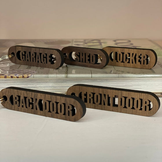 Various Walnut Wood Cut-Out Keychains Mudroom - The Red Door Engraving Company Inc.